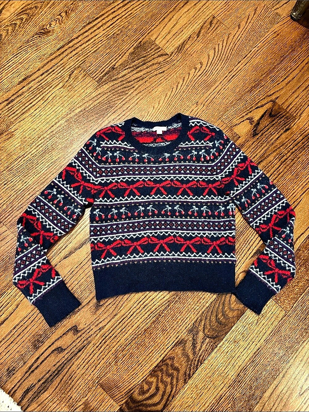 Crewcuts Girls Cropped Bow Fair Isle Sweater in Supersoft Yarn XL 12-13